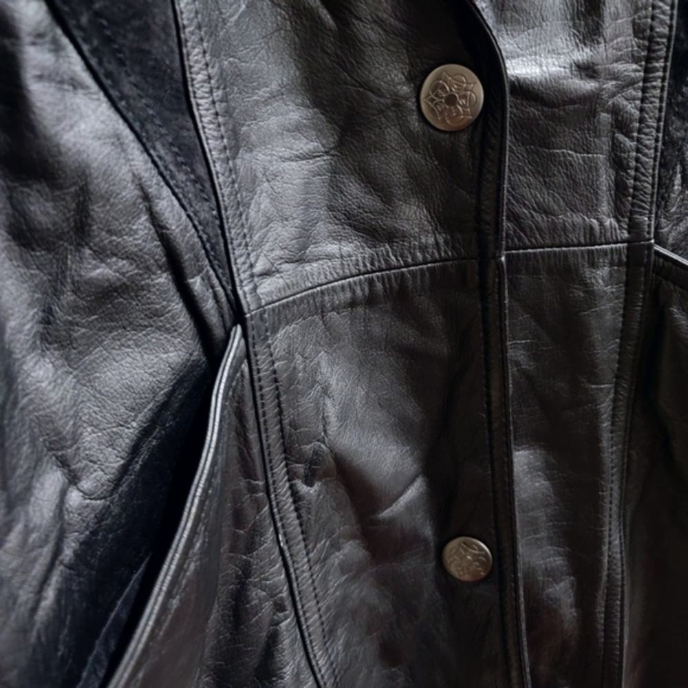 Winlit ✦ 80s Black Genuine Leather Trench Coat ✦ Paneled Longline Vintage Broad - Picture 10 of 16